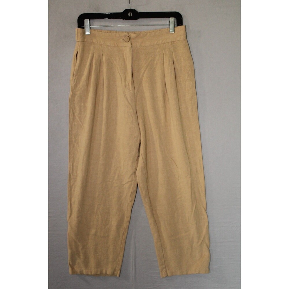 Linen Blend High Rise Beige Tan Zip Elastic Waist Pants Size Medium Pleated
